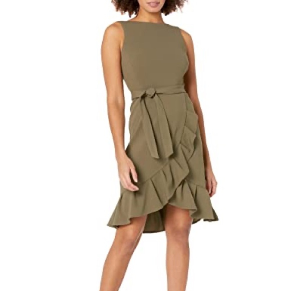Calvin Klein Olive Sleeveless Ruffled Belted Tulip-Hem Faux Wrap Dress NWT